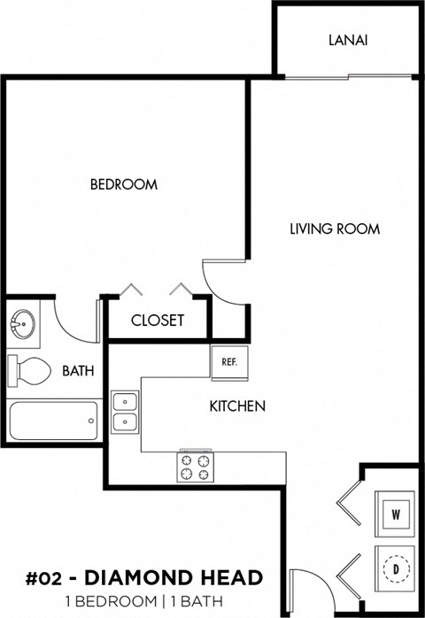 Floor plan for 1 bed, 1 bath, 507 sqft